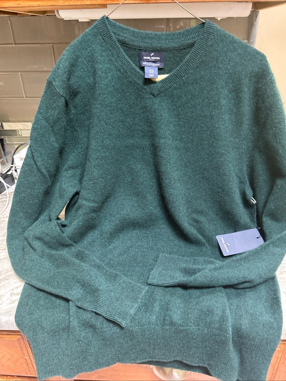 Daniel Hechter mens 100% 2 ply cashmere v neck sweater dark green size M New 98$